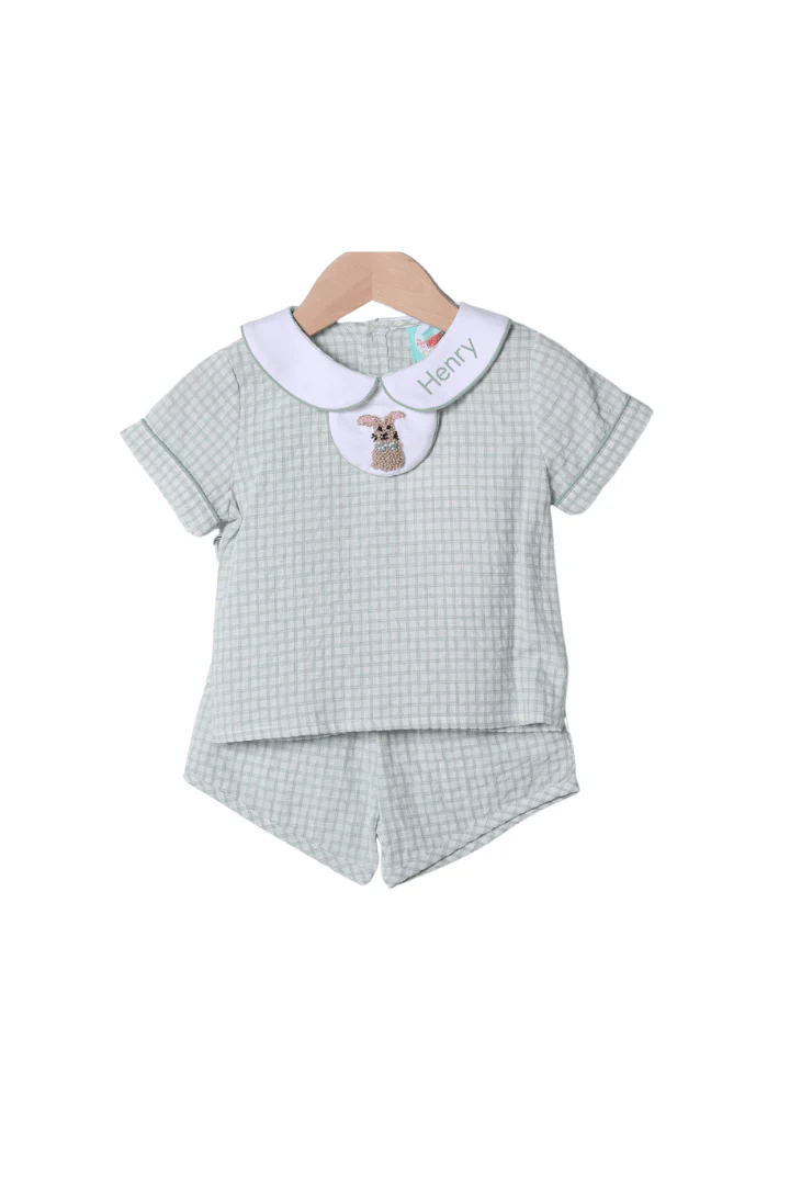French Knot Bunny Removable Tab Sage Windowpane Short Set - Image 2