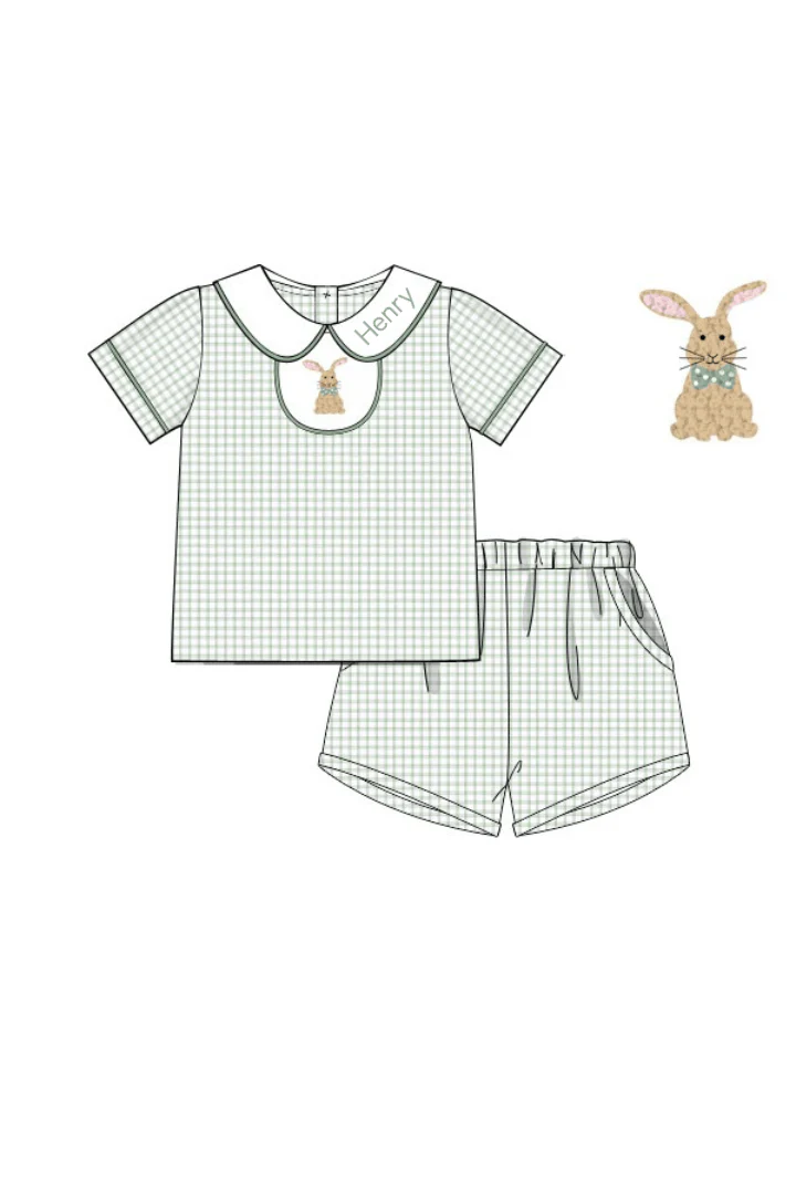 French Knot Bunny Removable Tab Sage Windowpane Short Set - Image 3