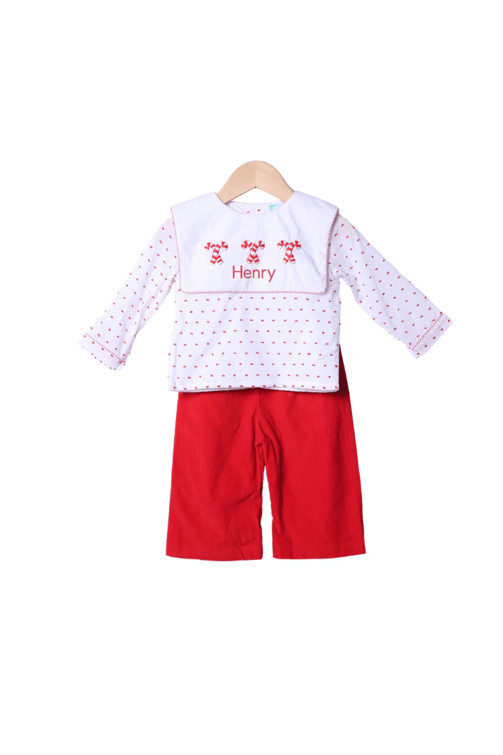 French Knot Candy Cane Swiss Dot Bib Pant Set