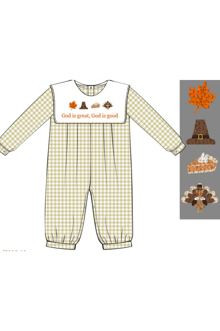 Pre-Order French Knot God is Great, God is Good Gingham Romper