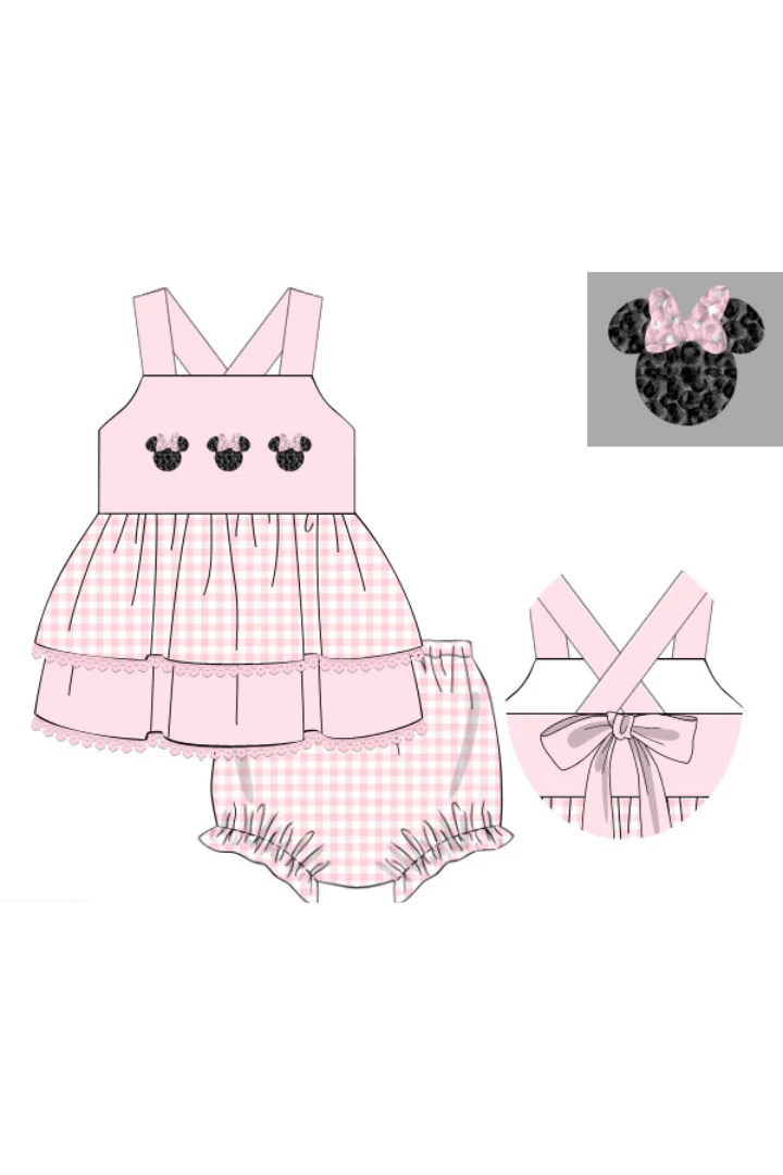 French Knot Mouse Pink Gingham Knit Bloomer Set - Image 3