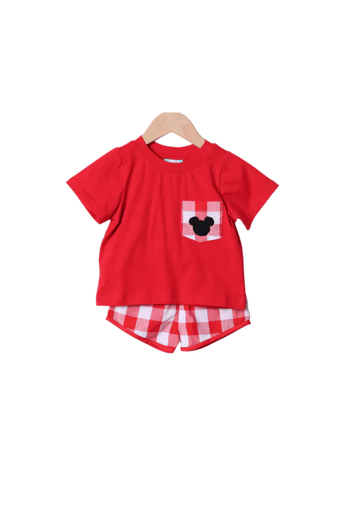 French Knot Mouse Red Gingham Short Set