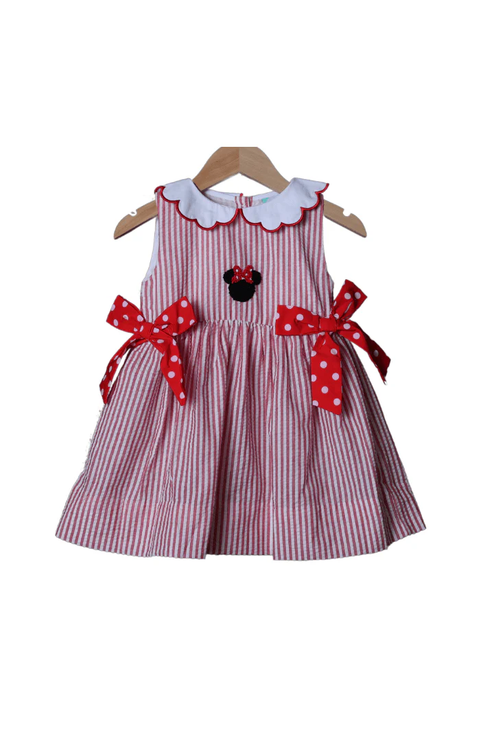 French Knot Mouse Red Seersucker Dress