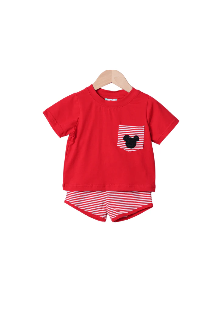French Knot Mouse Red/Stripe Knit Short Set