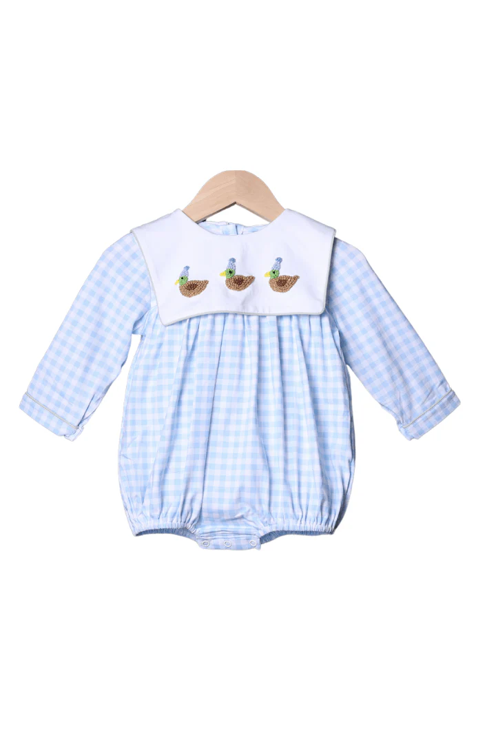 French Knot Party Duck Blue Gingham Long Sleeve Bubble