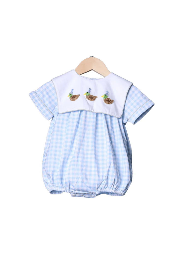 French Knot Party Duck Blue Gingham Short Sleeve Bubble
