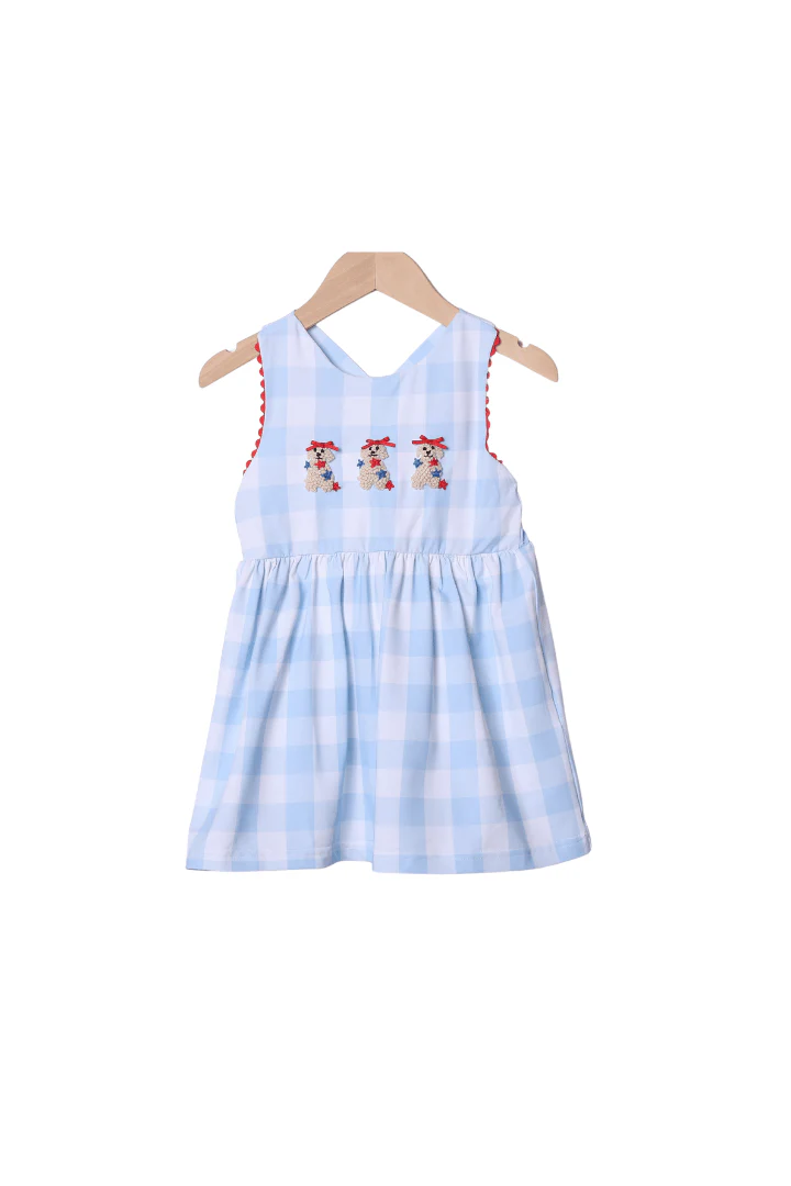 French Knot Patriotic Puppy Blue Buffalo Check Bow Dress