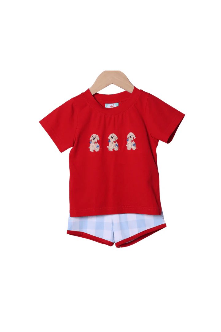 French Knot Patriotic Puppy Blue Buffalo Check Short Set