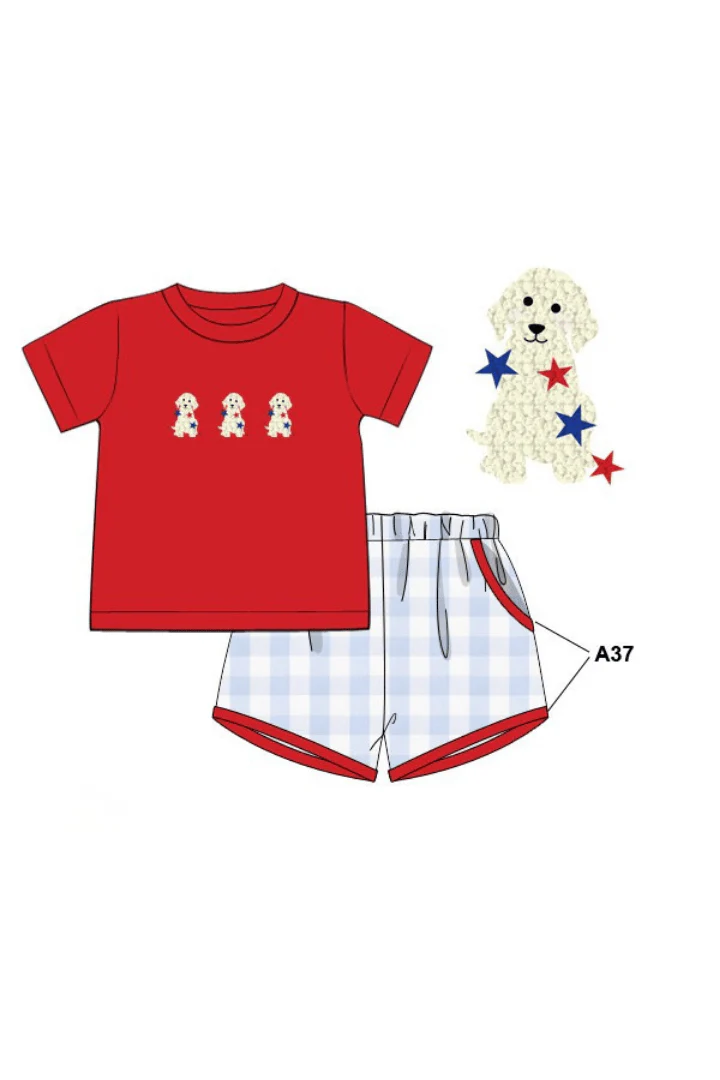 French Knot Patriotic Puppy Blue Buffalo Check Short Set - Image 2