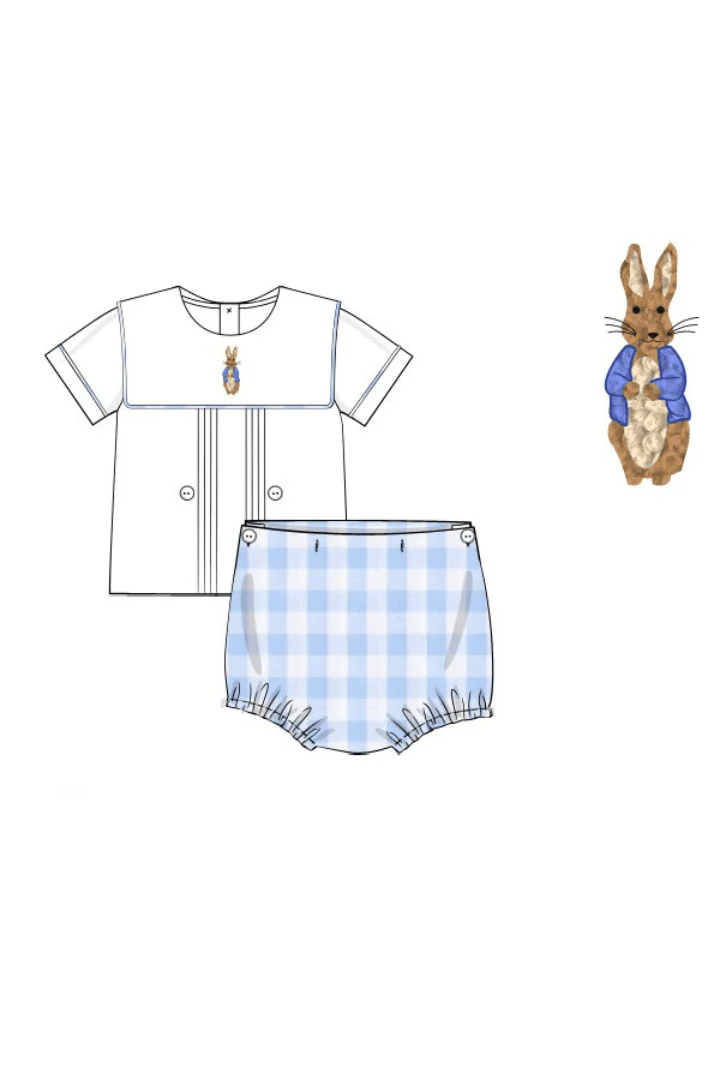 French Knot Peter Rabbit Blue Buffalo Check Diaper Set - Image 2