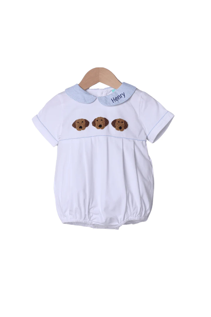 French Knot Puppy Blue Gingham White Knit Bubble
