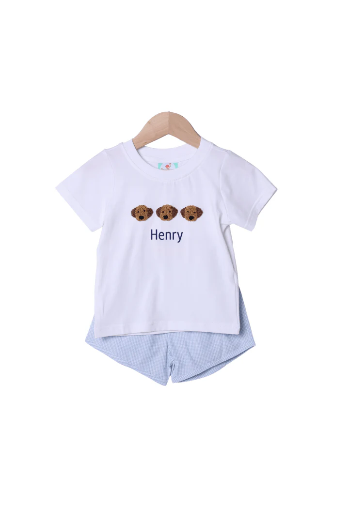 French Knot Puppy Blue Gingham White Knit Short Set