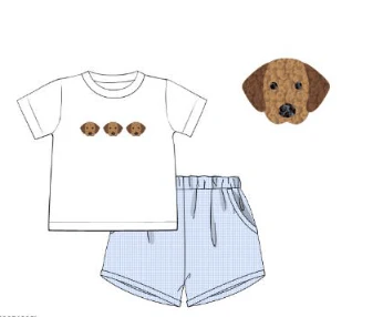 French Knot Puppy Blue Gingham White Knit Short Set - Image 2