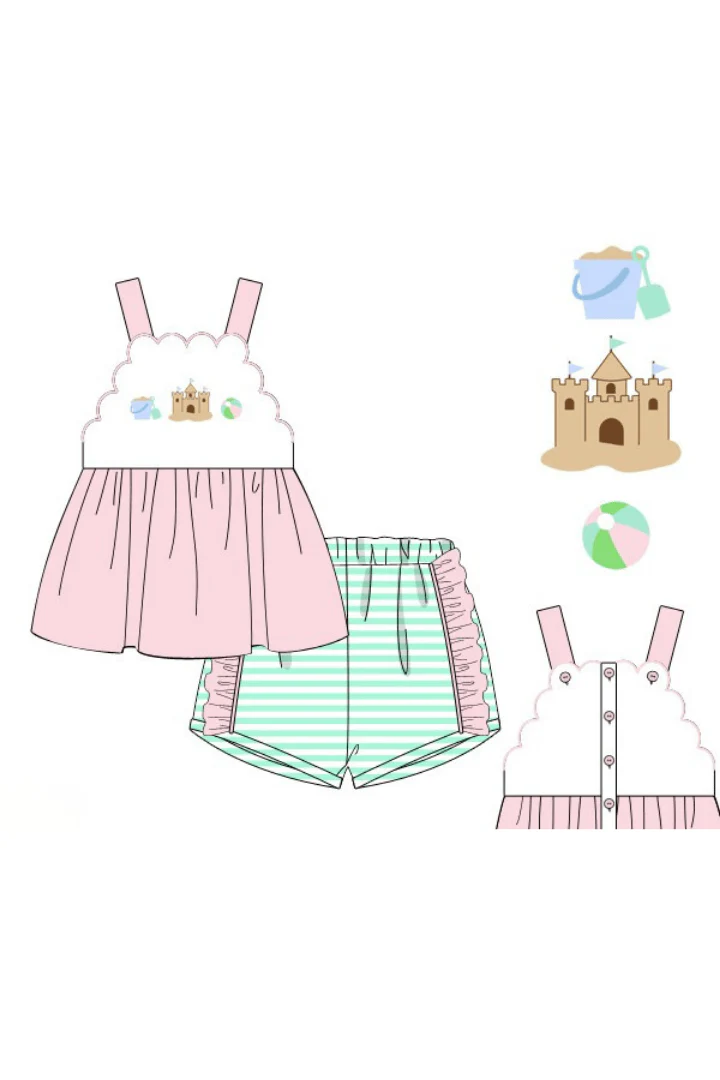 French Knot Sand Castle Fun Mint/Pink Stripe Short Set - Image 3