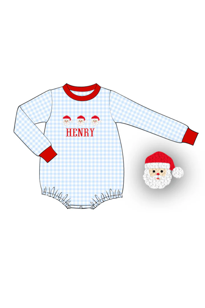 Pre-Order French Knot Santa Custom Name Blue Gingham Bubble