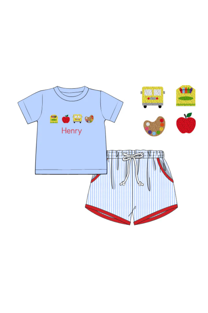 French Knot School Supplies Blue Pinstripe Short Set - Image 3