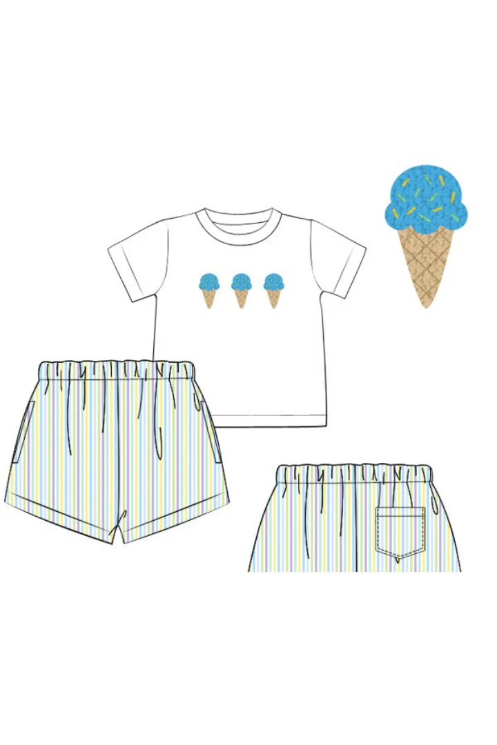 French Knot Ice Cream Seersucker Stripe Short Set - Image 2