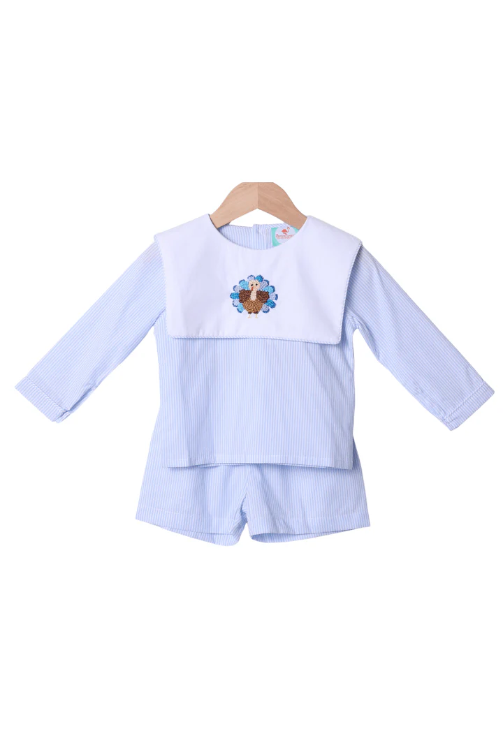 French Knot Turkey Blue Stripe Short Set