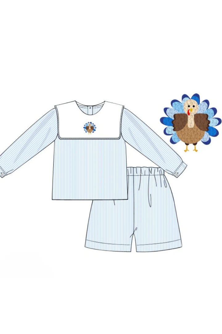 French Knot Turkey Blue Stripe Short Set - Image 2