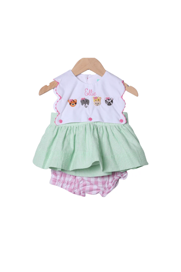 French Knot Zoo Friends Seersucker Bow Bloomer Set
