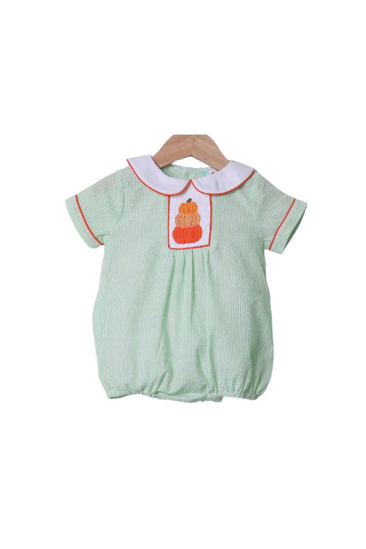 Smocked Green Seersucker Pumpkin Bubble - Image 2