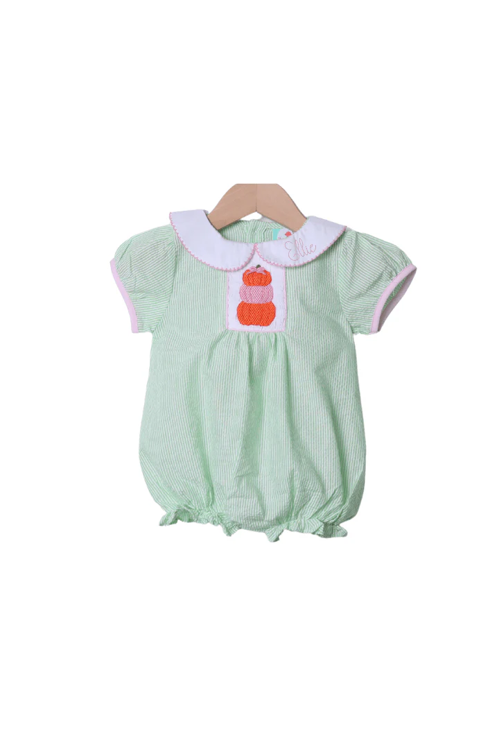 Smocked Green Seersucker Pumpkin Bow Bubble - Image 3