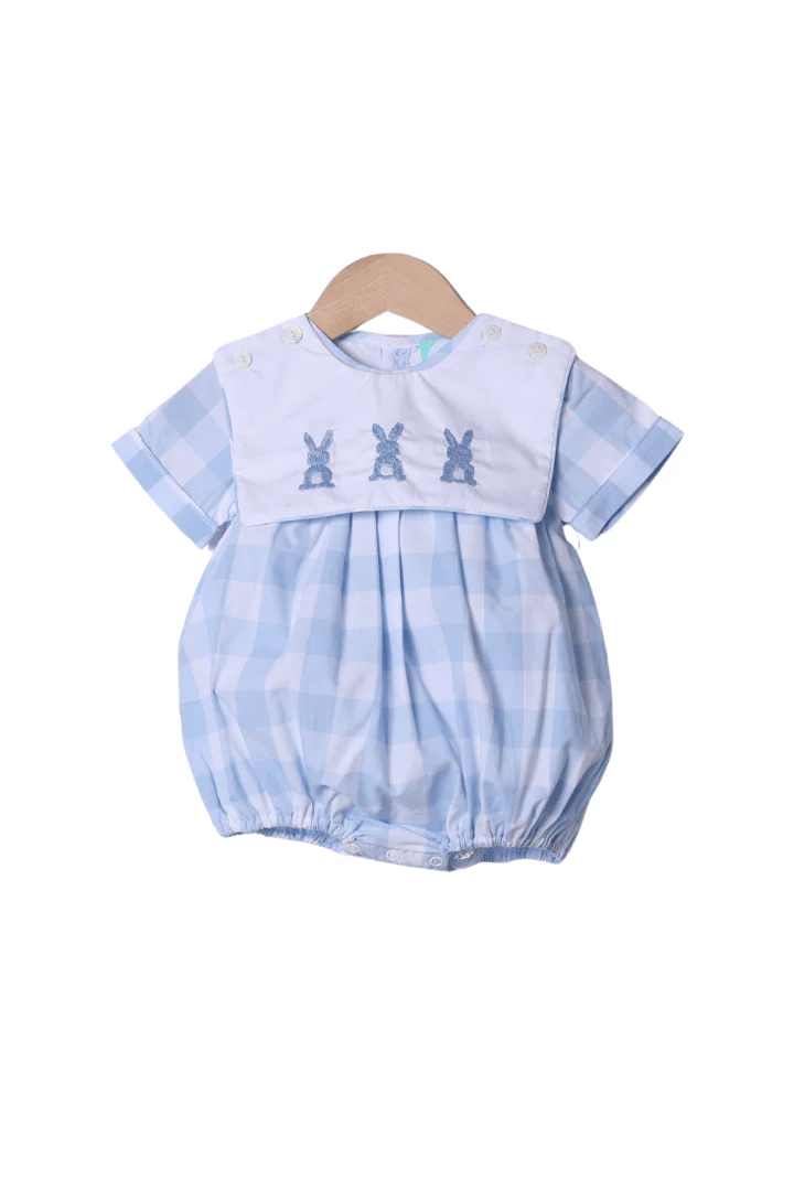 Hand Embroidered Bunny Blue Buffalo Check Tab Bubble