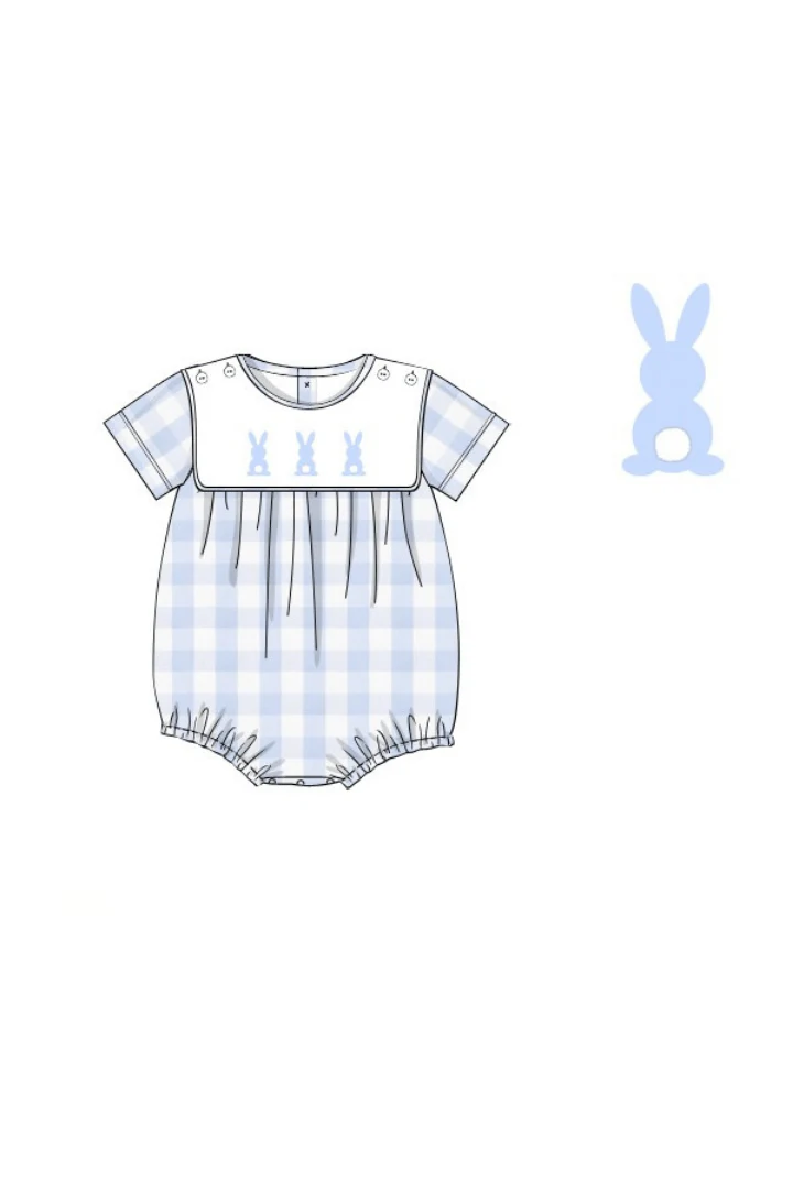 Hand Embroidered Bunny Blue Buffalo Check Tab Bubble - Image 3