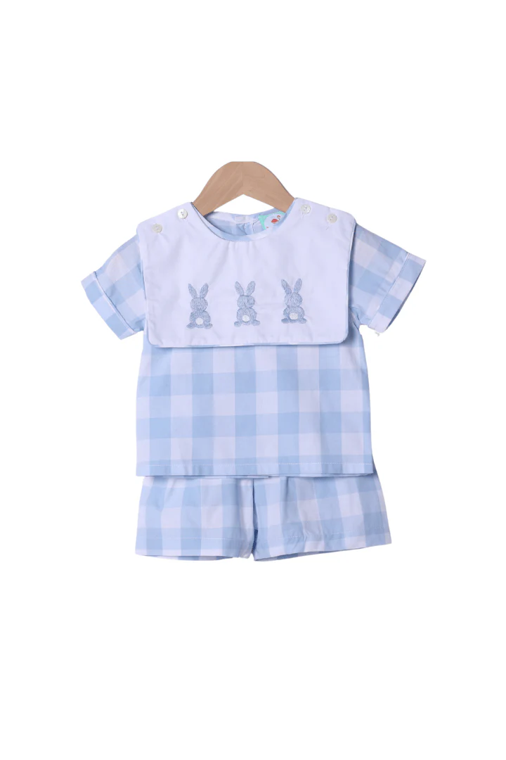 Hand Embroidered Bunny Blue Buffalo Check Tab Short Set