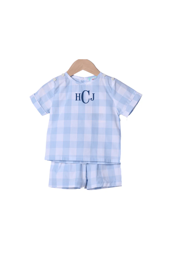 Hand Embroidered Bunny Blue Buffalo Check Tab Short Set - Image 2