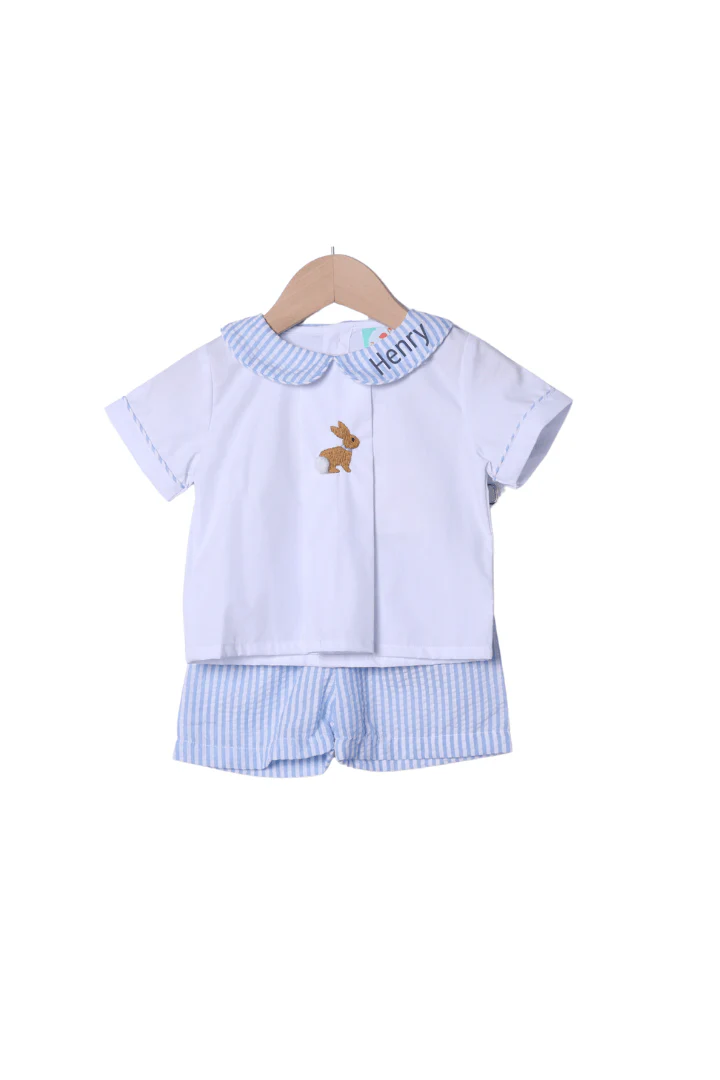 Embroidered Bunny Blue Seersucker Short Set