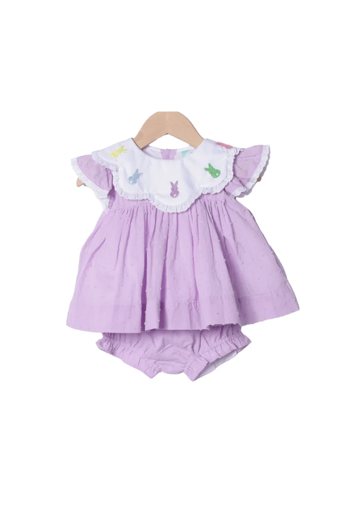Hand Embroidered Peeps Lavender Swiss Dot Bloomer Set