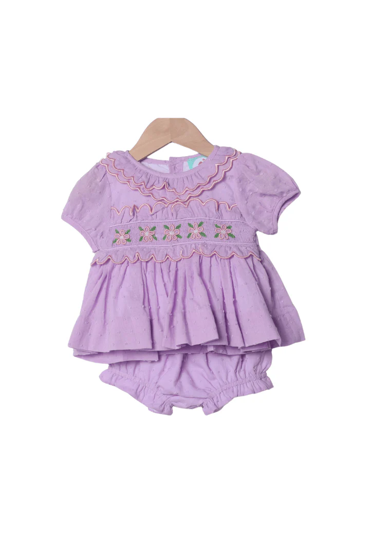 Hand Embroidered Rose Bud Lavender Swiss Dot Bloomer Set