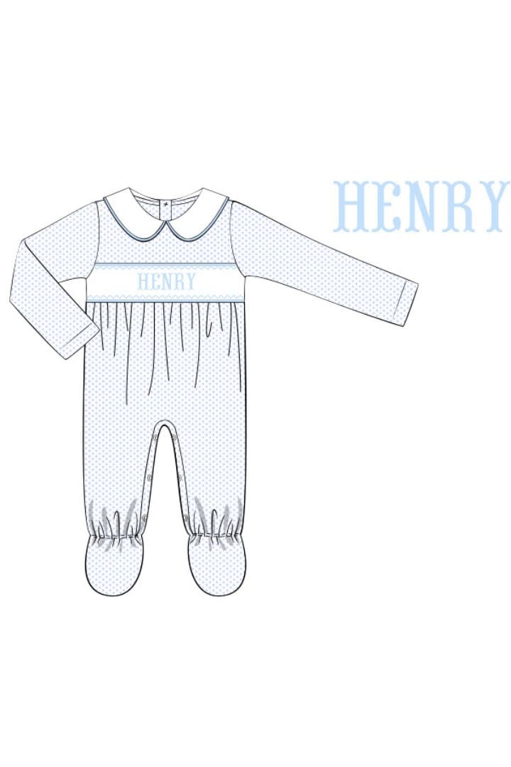 Pre-Order Custom Name Hand Smocked Blue Bitty Dot Footed Romper
