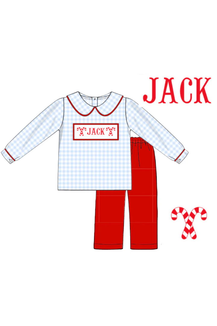 Pre-Order Hand Smocked Blue Gingham Custom Name Candy Cane Pant Set
