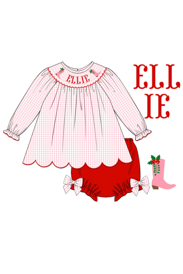 Pre-Order Hand Smocked Custom Name Christmas Cowboy Boots Bloomer Set