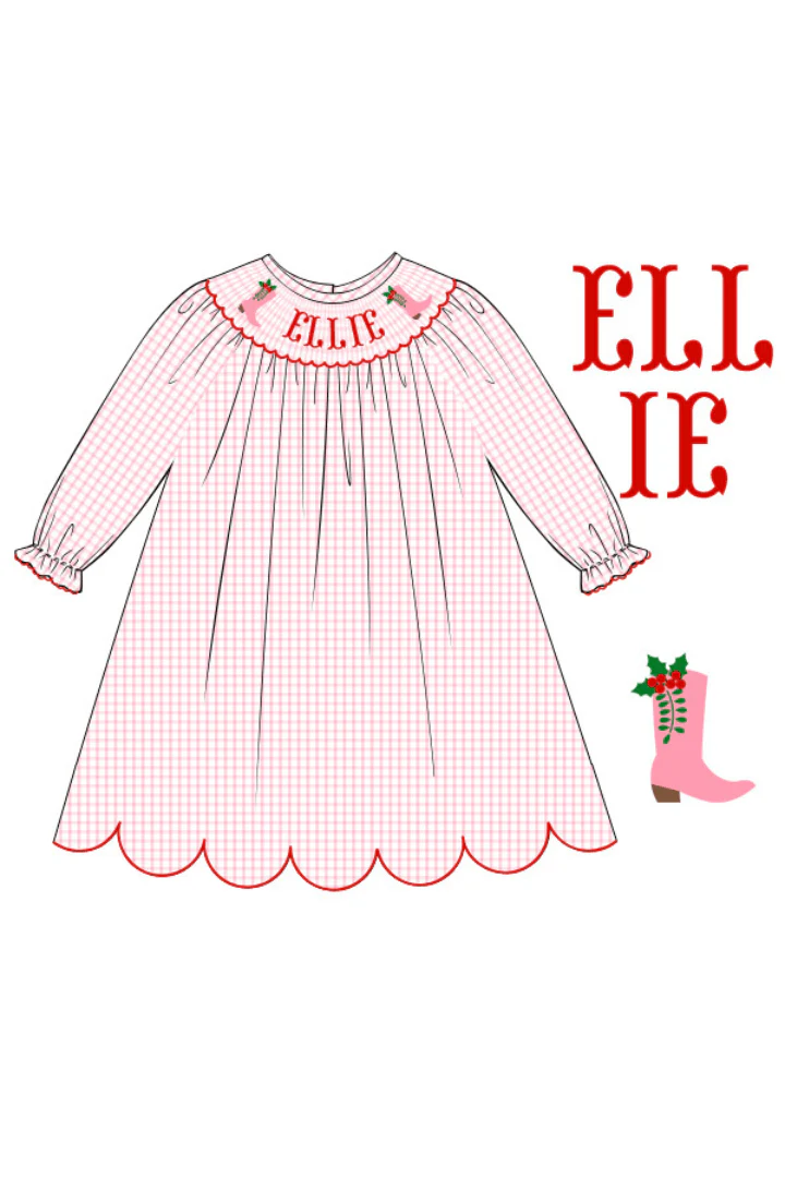 Pre-Order Hand Smocked Custom Name Christmas Cowboy Boots Dress