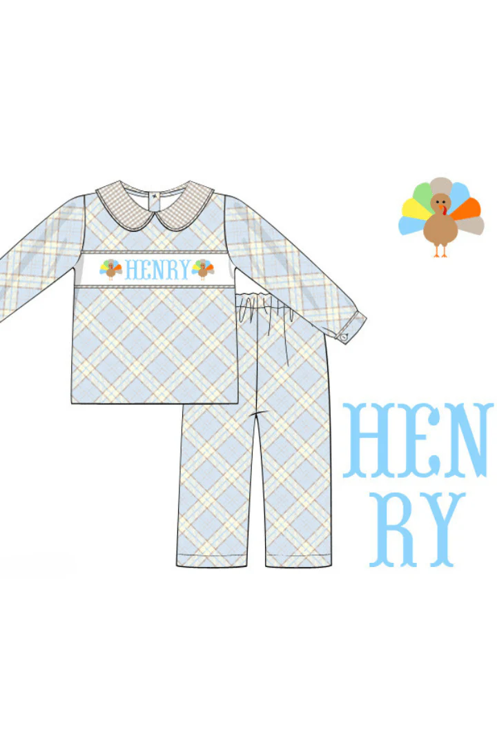 Pre-Order Hand Smocked Custom Name Blue and Khaki Pant Set