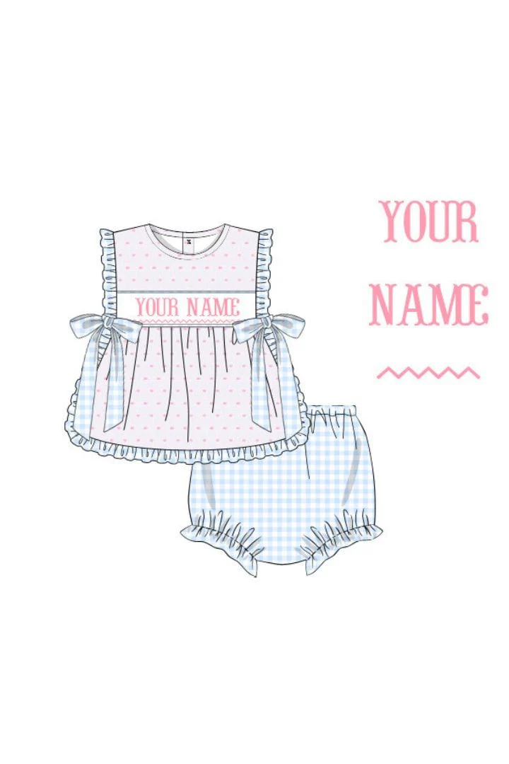 Pre-Order Hand Smocked Custom Name Blue Swiss Dot Gingham Apron Set