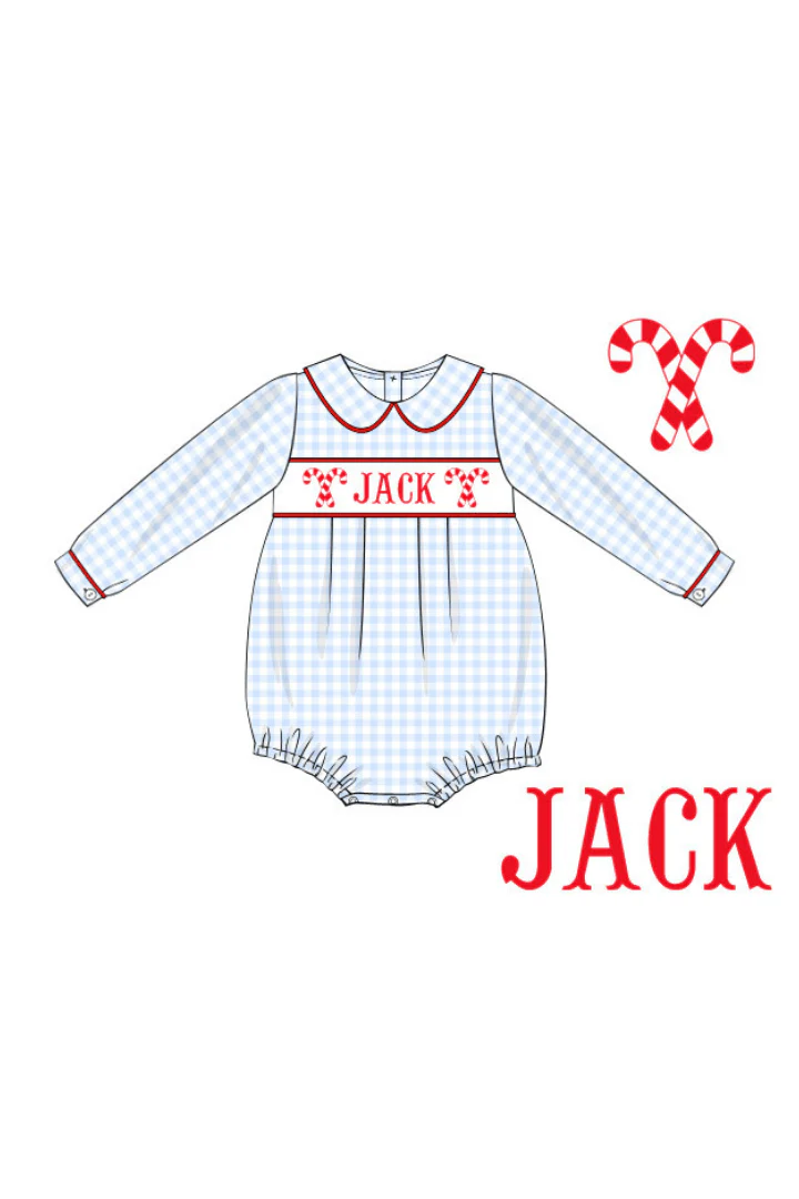 Pre-Order Hand Smocked Custom Name Candy Cane Bubble-BOYS