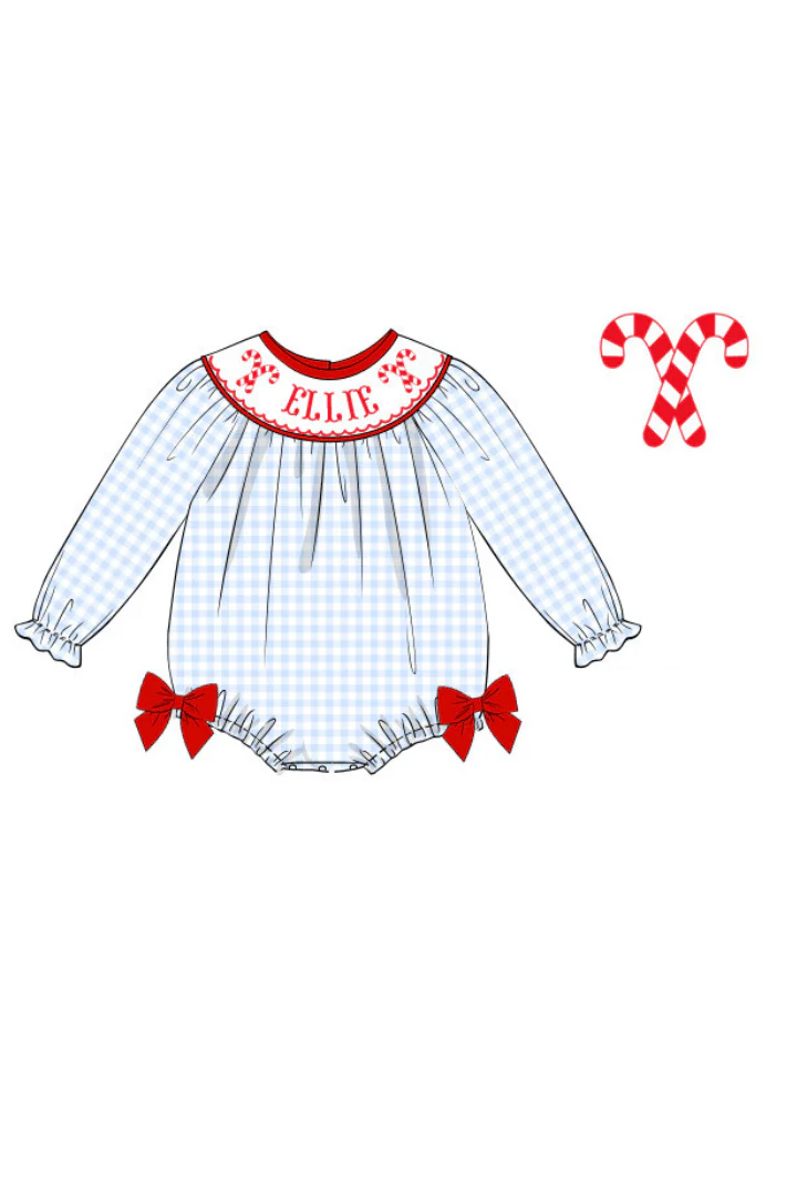 Pre-Order Hand Smocked Custom Name Candy Cane Bubble-GIRL