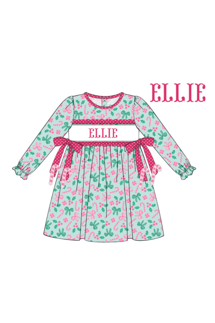 Pre-Order Hand Smocked Custom Name Candy Cane Lane Dress