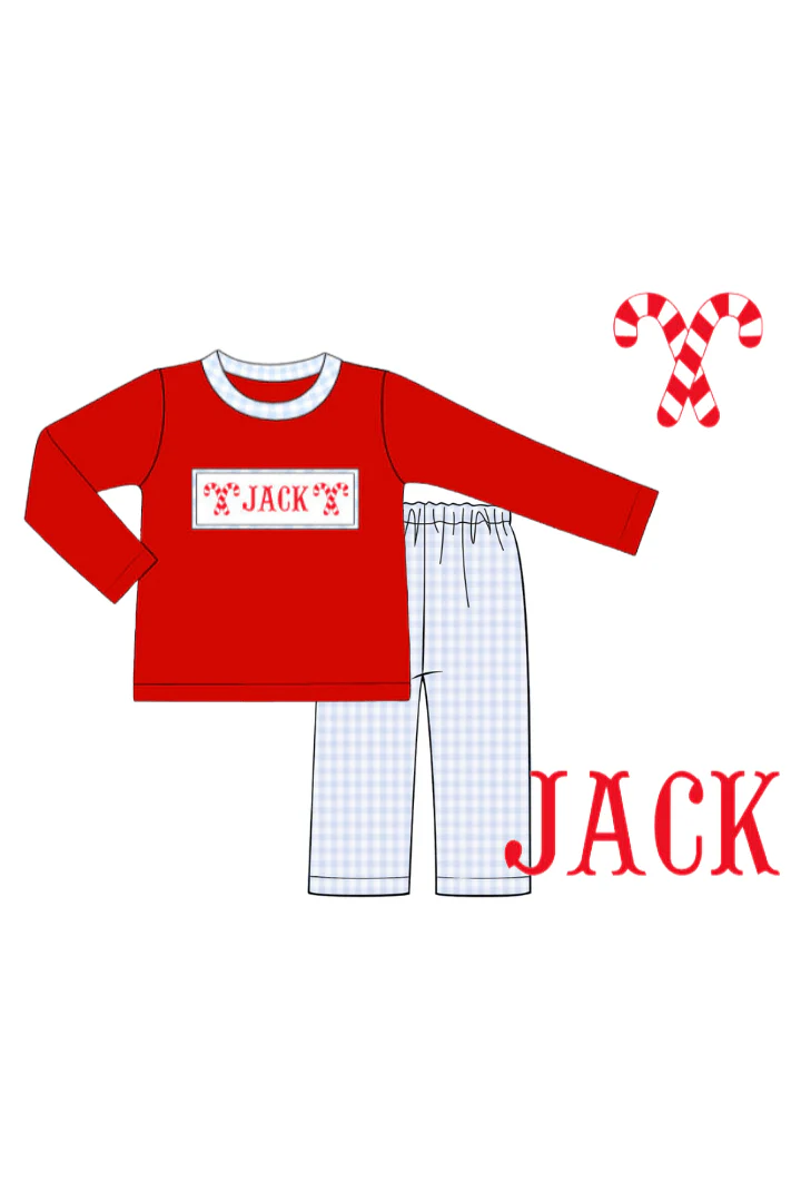 Pre-Order Hand Smocked Custom Name Candy Cane Red/Gingham Pant Set