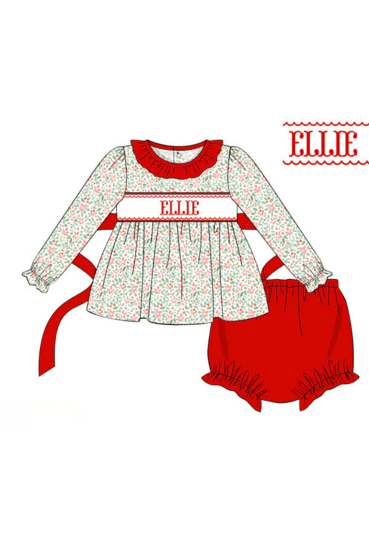 Pre-Order Hand Smocked Custom Name Christmas Floral Bloomer Set