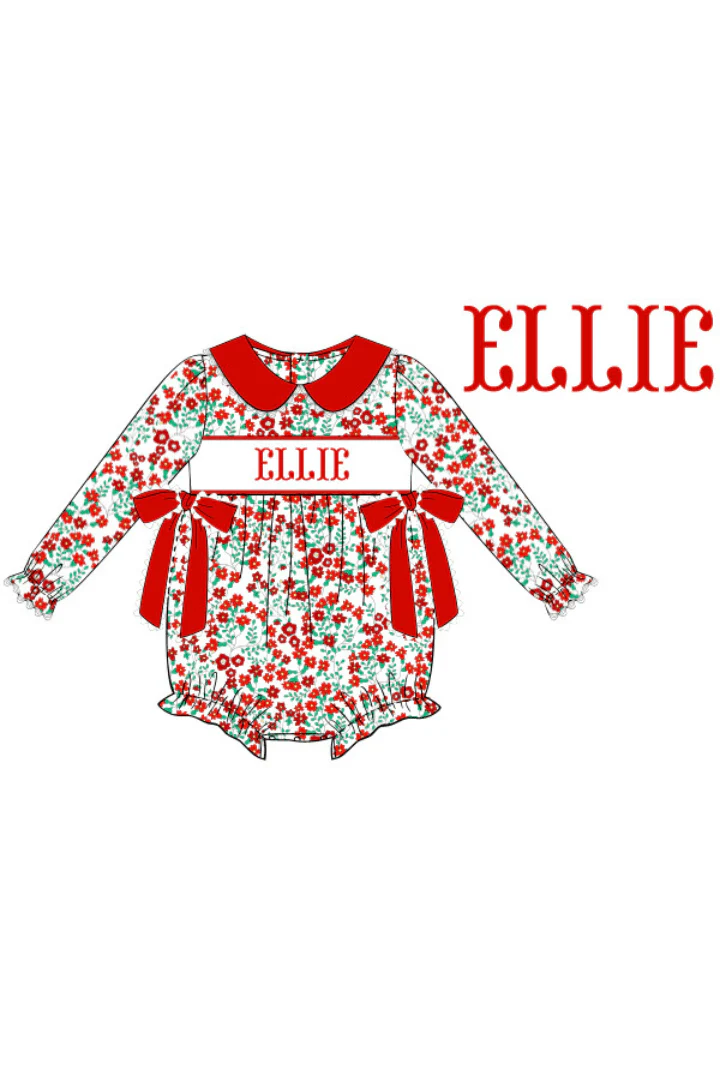 Pre-Order Hand Smocked Custom Name Christmas Floral Bubble
