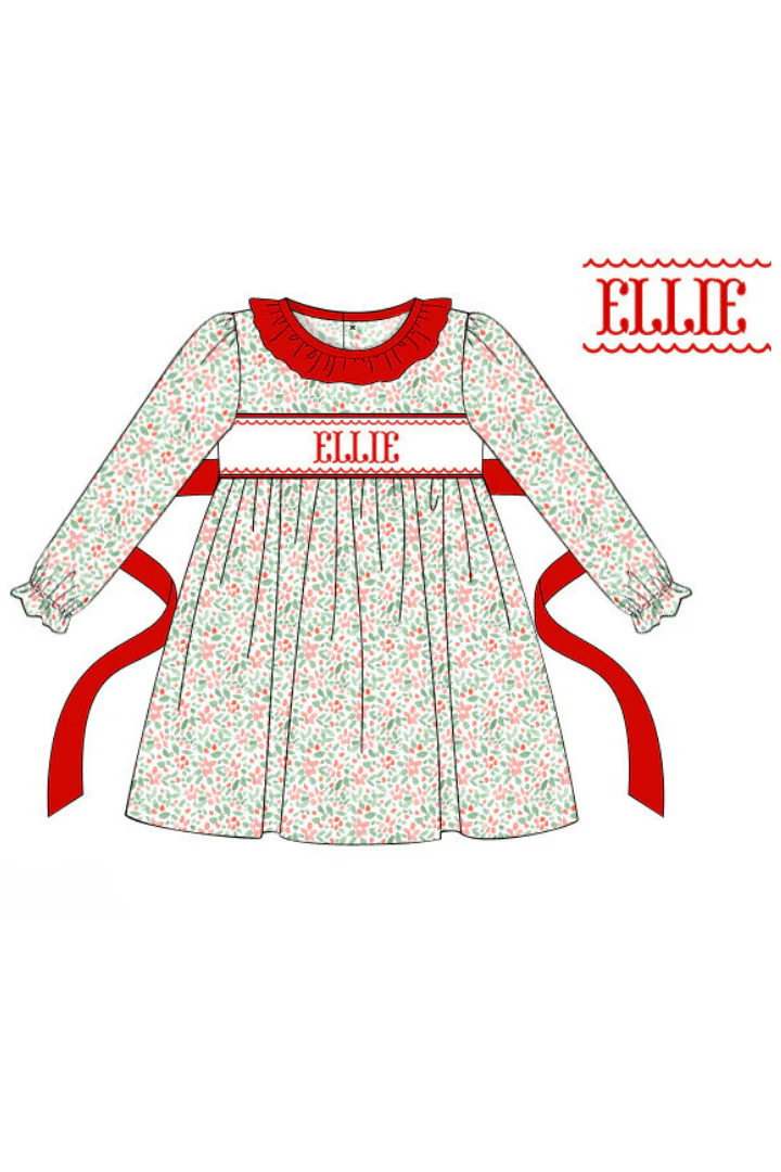 Pre-Order Hand Smocked Custom Name Christmas Floral Dress