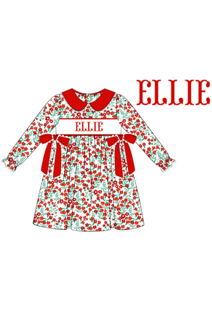Pre-Order Hand Smocked Custom Name Christmas Floral Dress