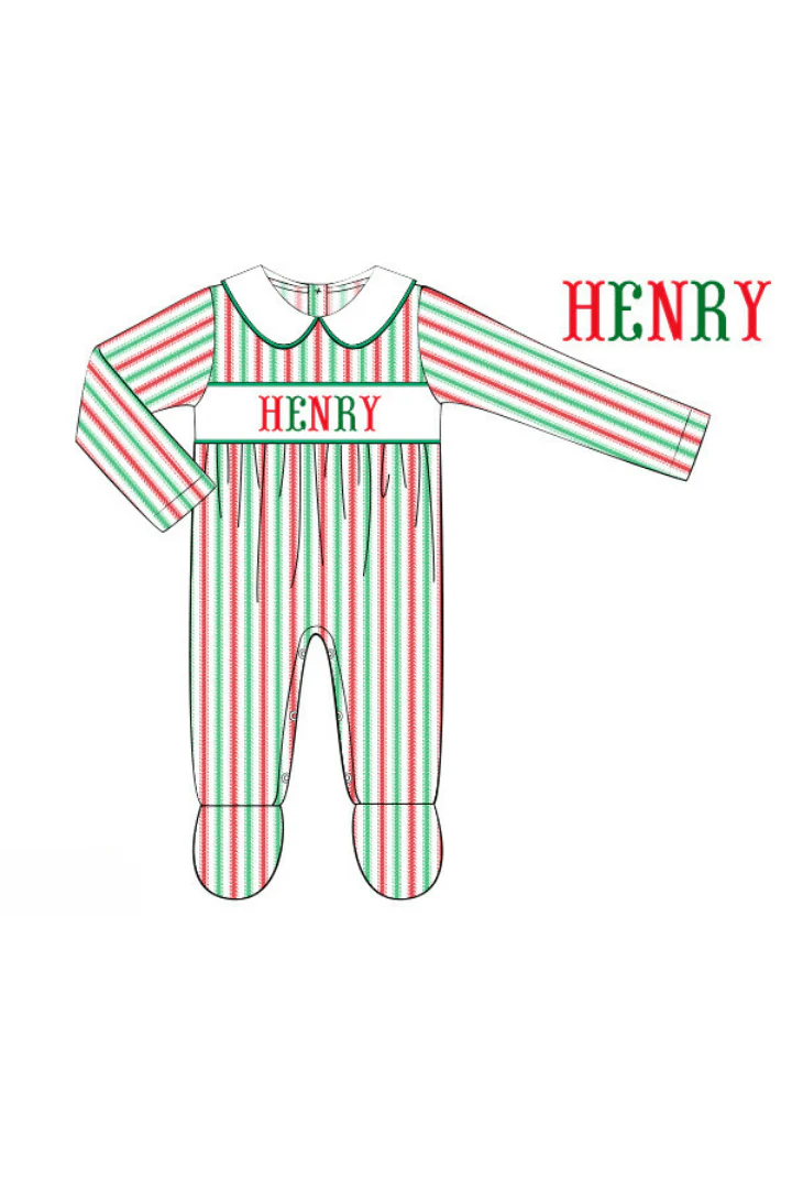 Pre-Order Hand Smocked Custom Name Christmas Stripe Footed Romper