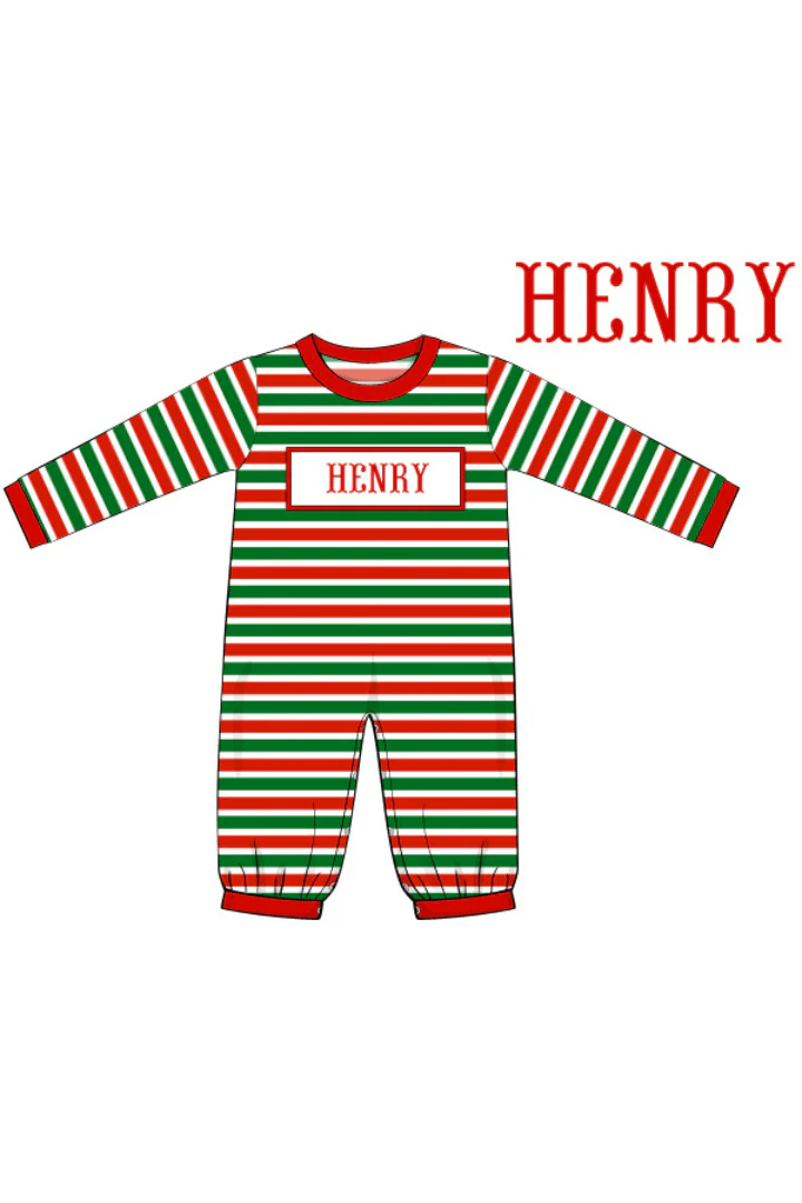 Pre-Order Hand Smocked Custom Name Christmas Stripe Knit Romper