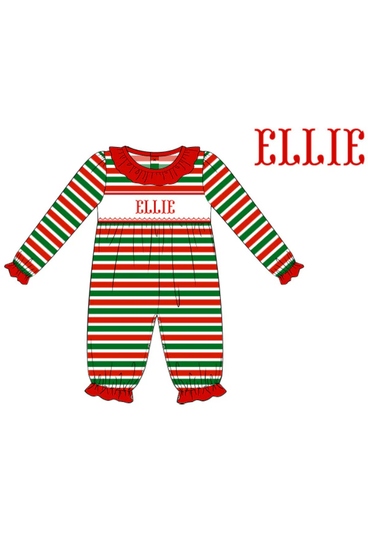 Pre-Order Hand Smocked Custom Name Christmas Stripe Ruffle Knit Romper